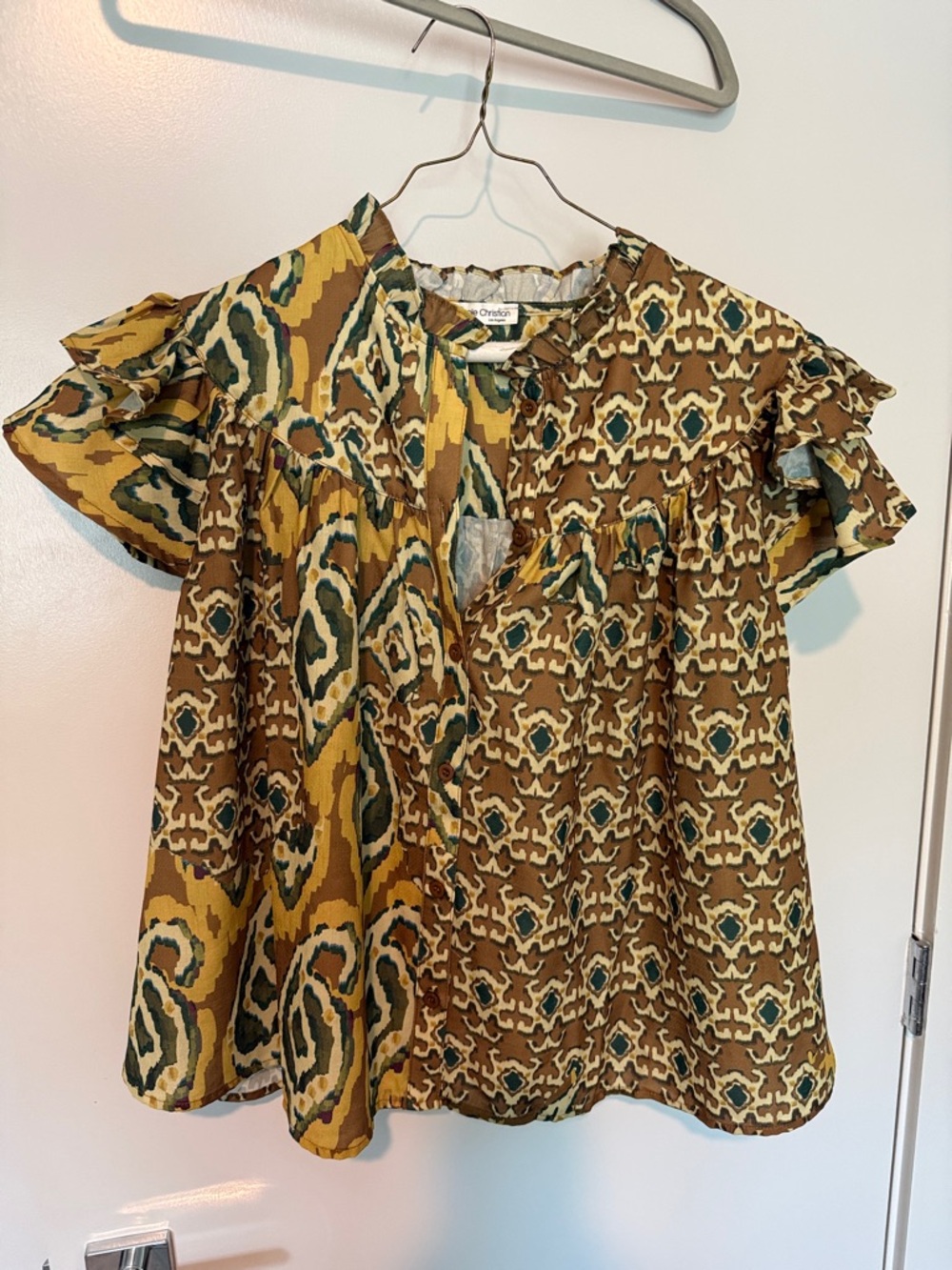 Carole Christian Floral Print Ruffle Neck Blouse — Mustard, Brown & Green